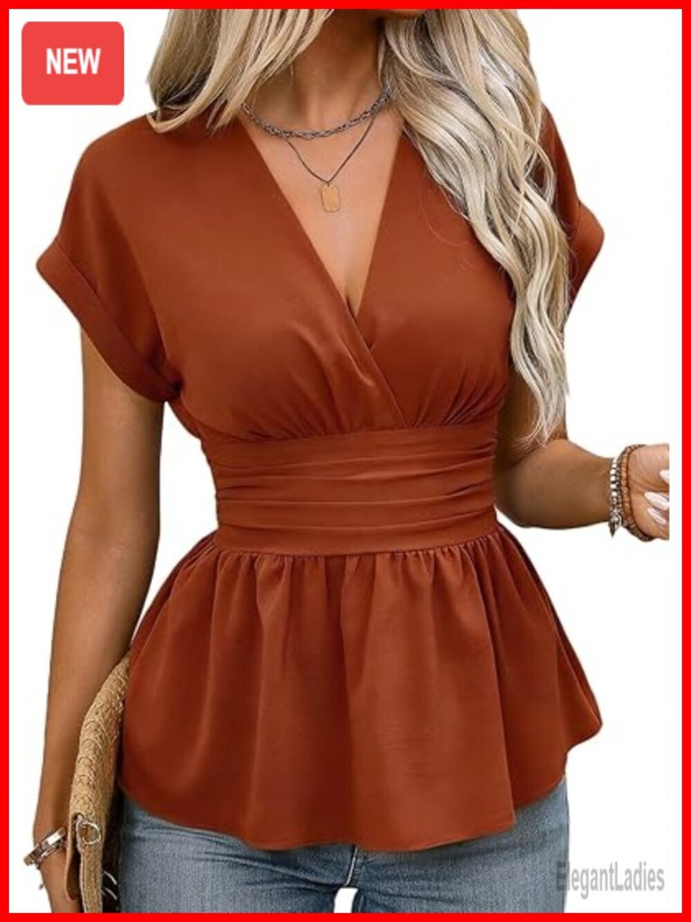 Womens Elegant Wrap V Neck Peplum Top Cap Sleeve Stretchy Ruffle Blouse